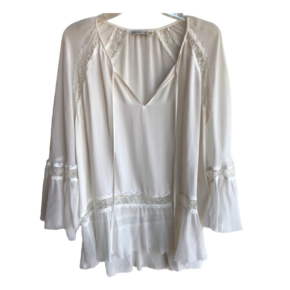 Alice + Olivia White Sheer Silk "Poets Blouse" with Lace, Bell Sleeves size XS - Picture 2 of 10